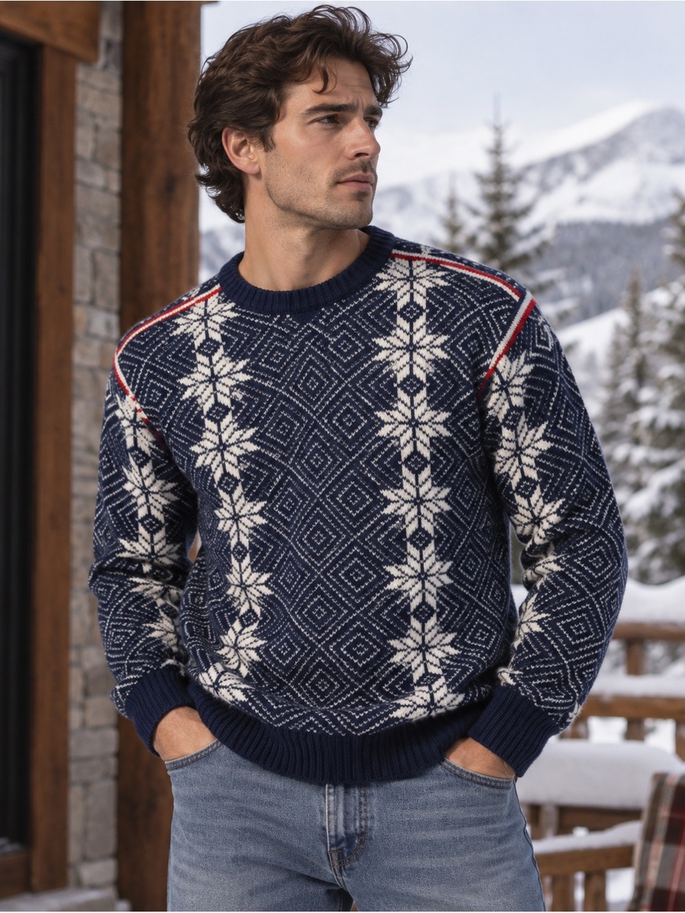 J.Crew 100% Lambswool Fair Isle Snowflake Sweater Navy Red Sz M